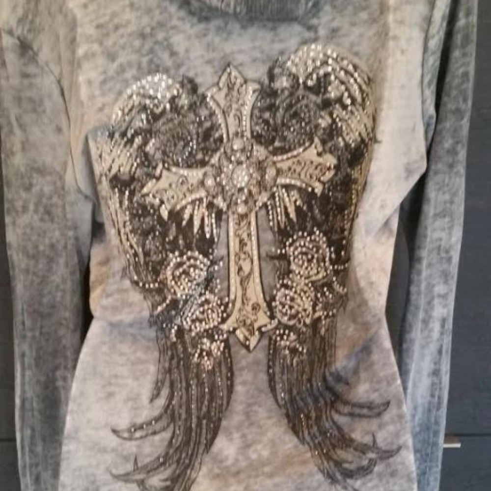 Distressed Rhinestone Fashion Top with Cross Motif